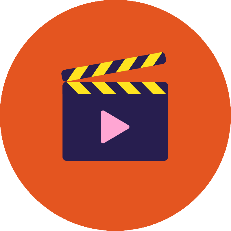 A blue clapperboard with yellow stripes and a pink triangle in the middle (like a "play" button), sits inside a large, orange circle.