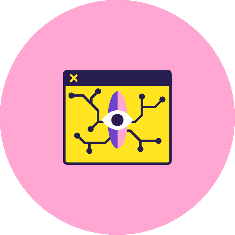 A pink and purple eye is in the middle of a browser screen, which has a yellow background. Network lines are coming out of the center of the eye. The browser is in the middle of a large pink circle.